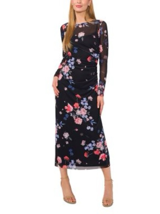 Ted Baker Dresses & Skirts - Ted Baker Black Floral Printed Mesh Column Dress Ruched Side Maxi Size L